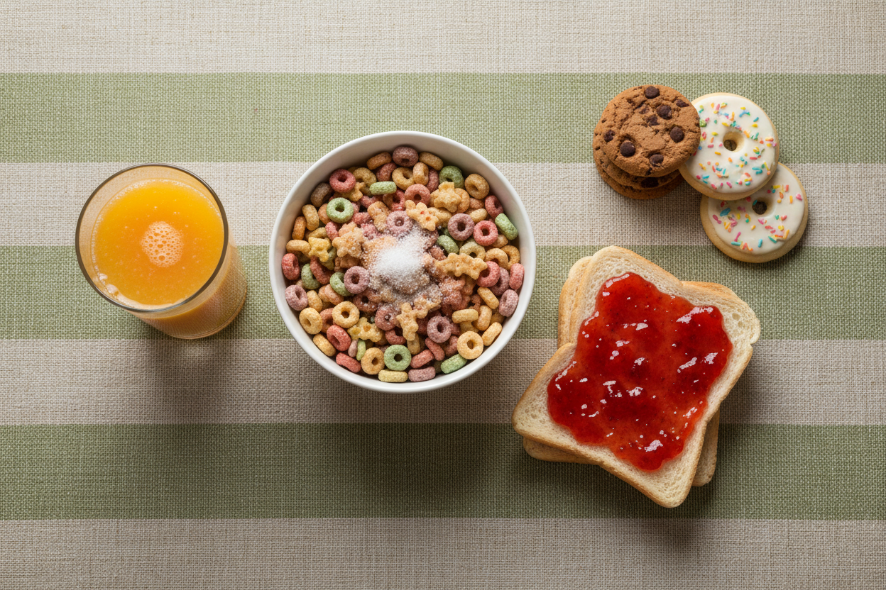 Desayuno a evitar con diabetes: zumo, cereales, tostadas con mermelada y galletas